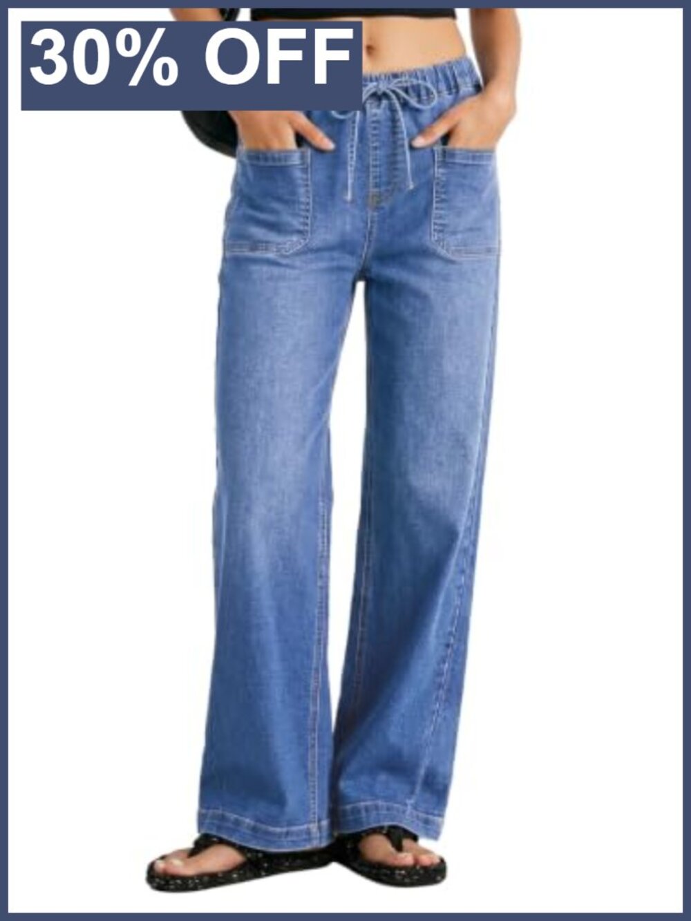 High Waisted Wide Leg Stretchy Drawstring Denim Jeans Women Loose Fit